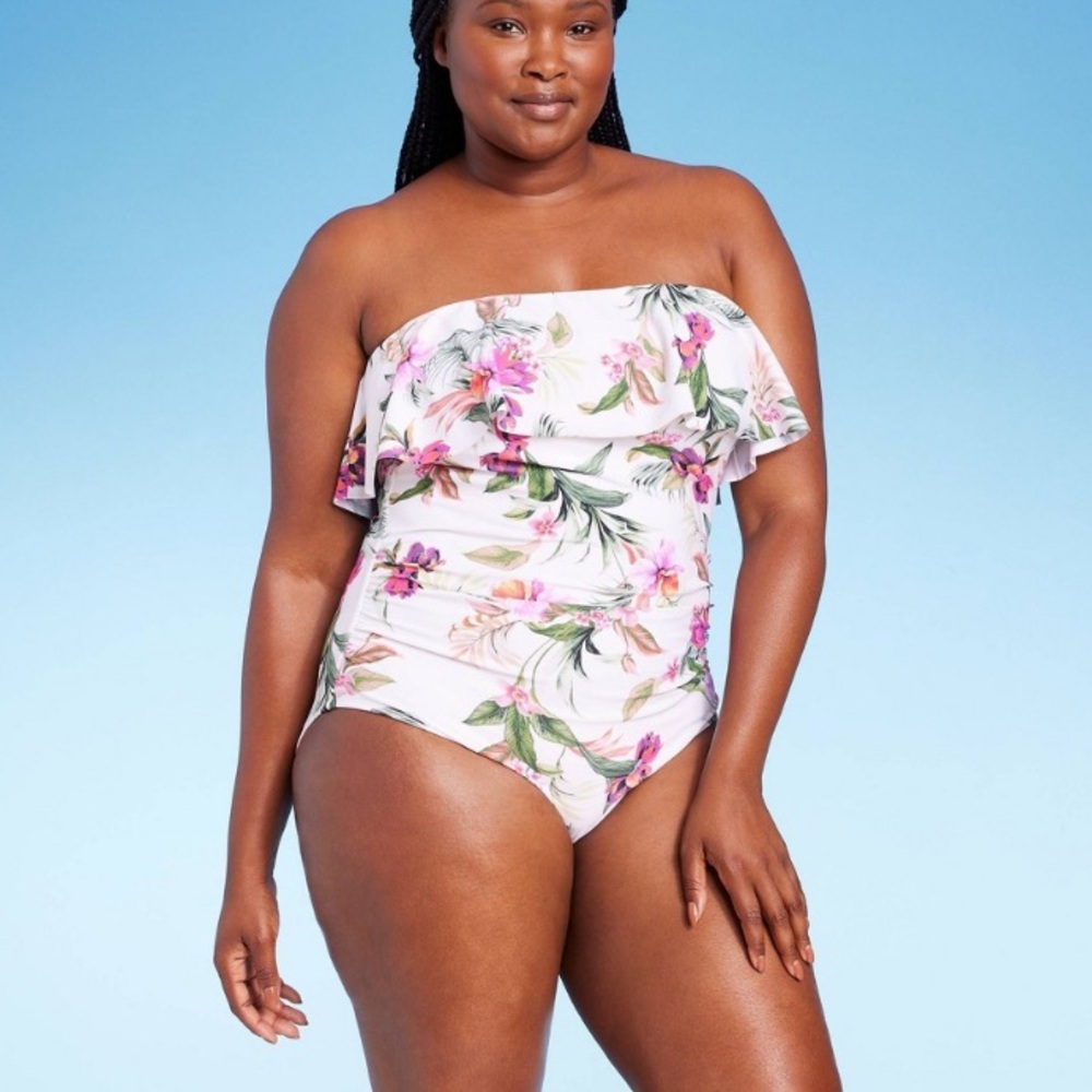 Women's Bandeau Flounce Front Ruched Full Coverage One Piece Swimsuit Large